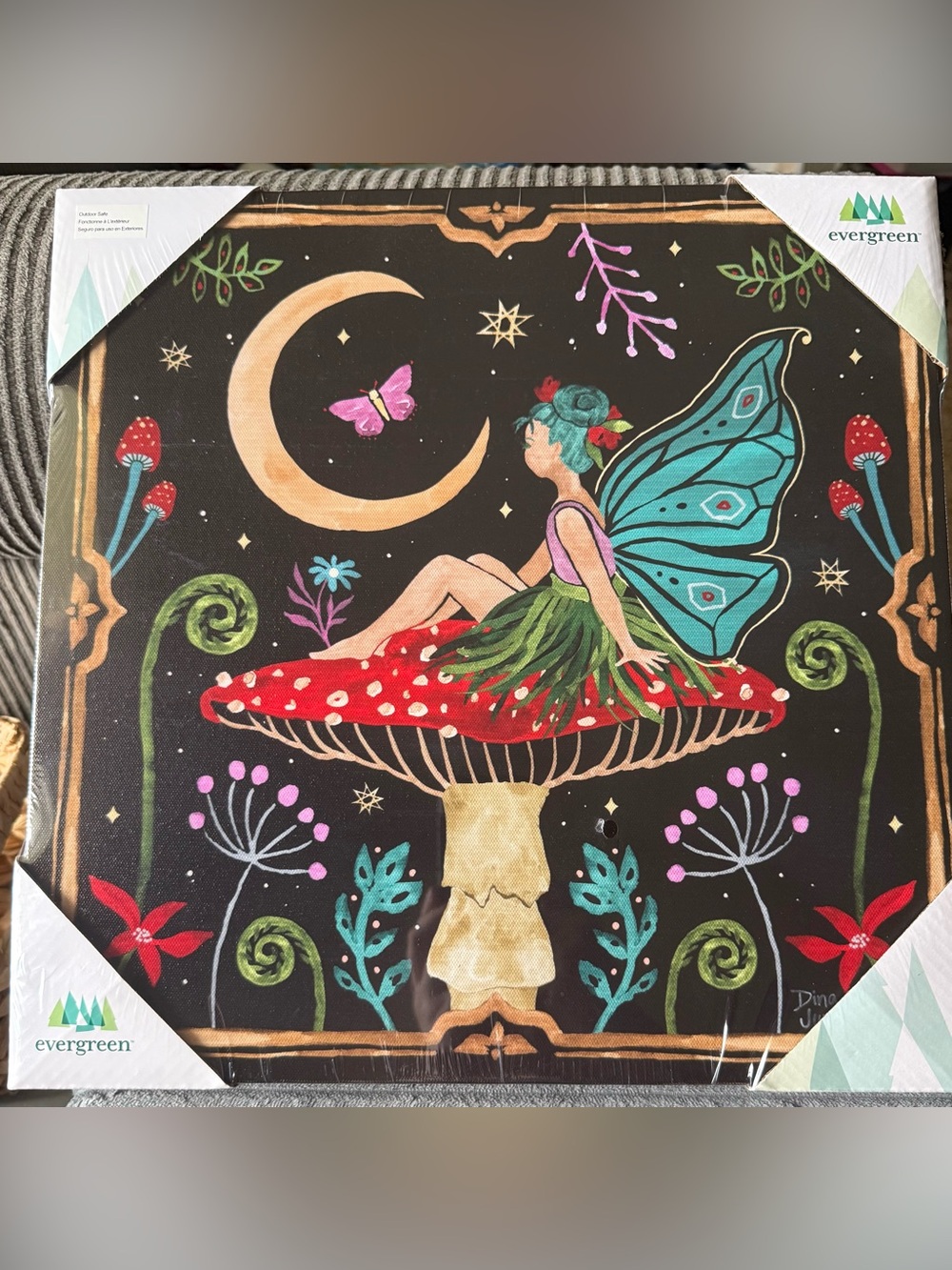 Evergreen Fairy on Red Toadstool Mushroom Canvas Wall Art Dina June Signed